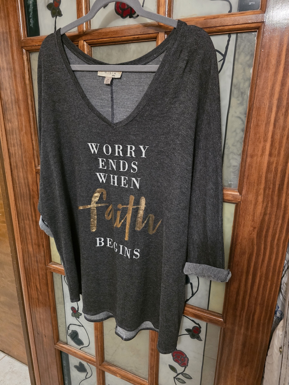 Misia Charcoal V-Neck Sweatshirt with Gold 'Faith' Script